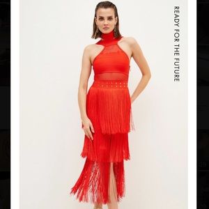 Karen Millen Figure Form Bandage Fringed Knit
Midi Dress Tassel Red M